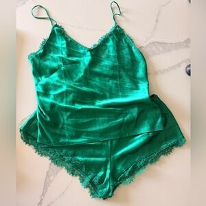 Victoria secret Emerald Green Lace Trim Sleepwear Set nighty cami panty boxer